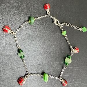 Silvertone Ladybug & Stone Charm Bracelet Green Red 12"